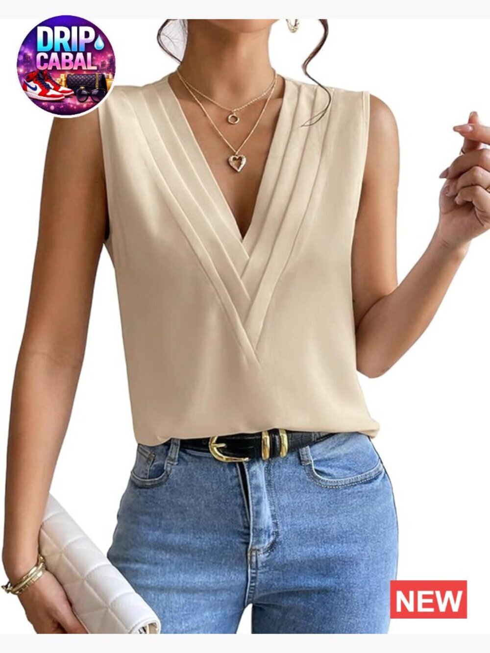 Sleeveless Chiffon Triple V-Neck Top Business Office Dressy Outfit Blouse